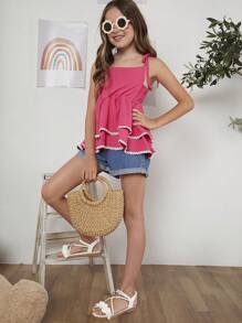 Tween Girl Tie Shoulder Lace Trim Ruffle Hem Cami Top - Hot Pink - View 5