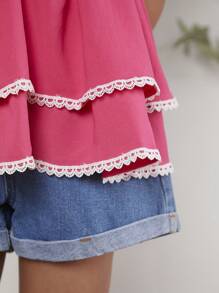 Tween Girl Tie Shoulder Lace Trim Ruffle Hem Cami Top - Hot Pink - View 6