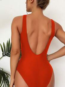 Twist Front Ruched One Piece Swimsuit, For Summer Beach Vacation - Orange - View 2