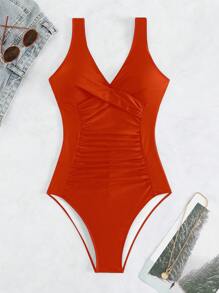 Twist Front Ruched One Piece Swimsuit, For Summer Beach Vacation - Orange - View 5