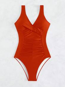 Twist Front Ruched One Piece Swimsuit, For Summer Beach Vacation - Orange - View 7