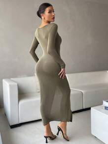 Chiquease Solid Wrap Hem Bodycon Dress - Army Green - View 2