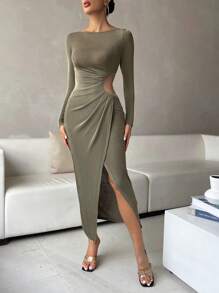 Chiquease Solid Wrap Hem Bodycon Dress - Army Green - View 4