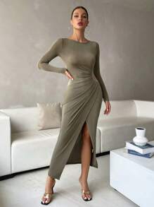 Chiquease Solid Wrap Hem Bodycon Dress - Army Green - View 7