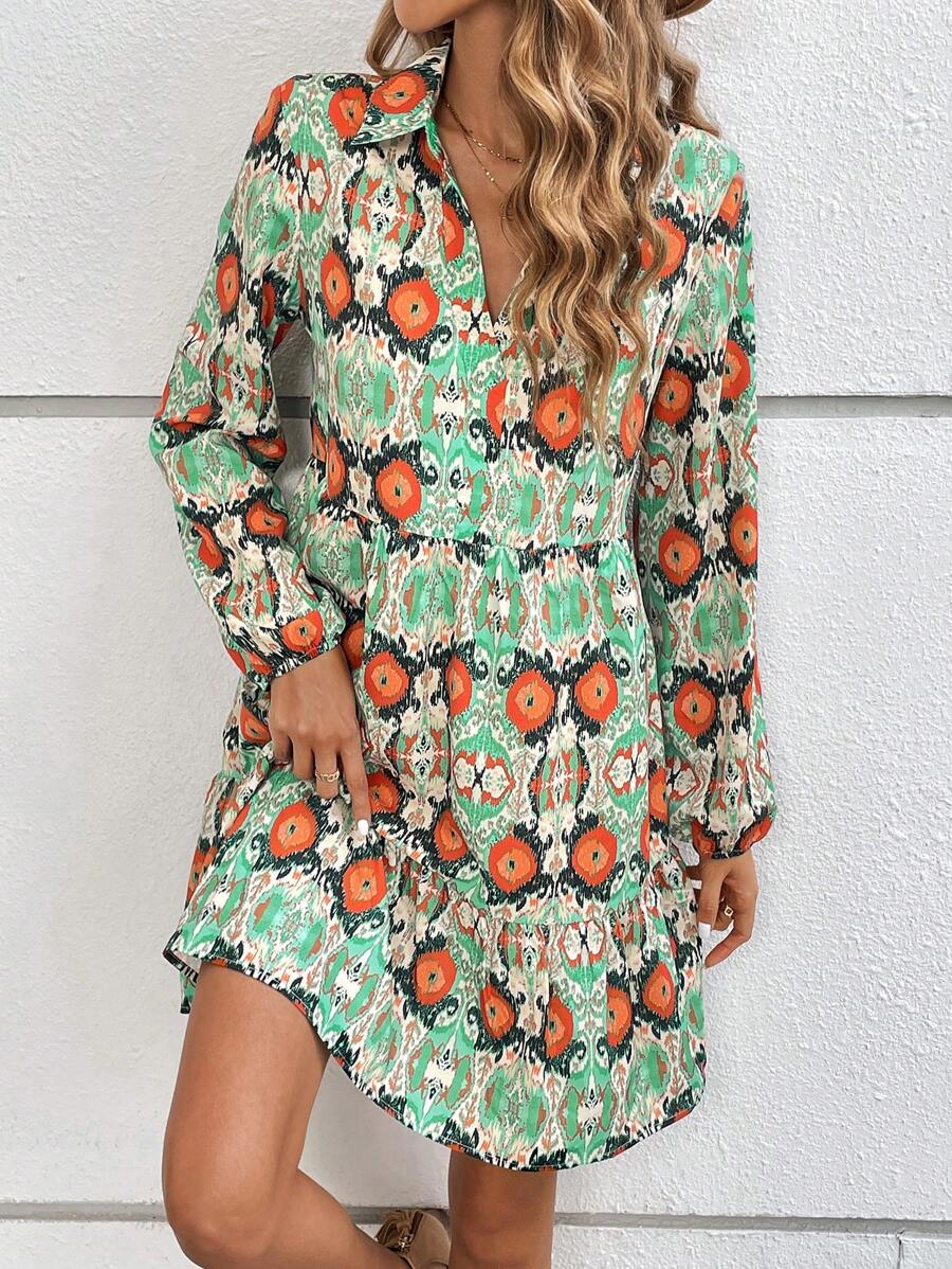 SHEIN Clasi Allover Print Lantern Sleeve Dress - Multicolor - View 1