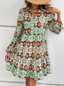 SHEIN Clasi Allover Print Lantern Sleeve Dress - Multicolor - View 4