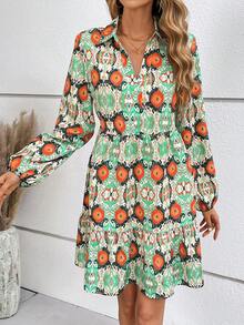 SHEIN Clasi Allover Print Lantern Sleeve Dress - Multicolor - View 5