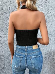 Chiquease Button Front Backless Halter Neck Vest Blazer - Black - View 2