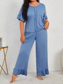 Talla grande Conjunto de pijama ribete fruncido de manga amplia bajo con fruncido