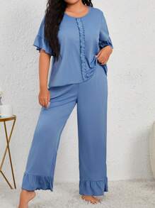 Talla grande Conjunto de pijama ribete fruncido de manga amplia bajo con fruncido