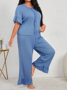 Talla grande Conjunto de pijama ribete fruncido de manga amplia bajo con fruncido