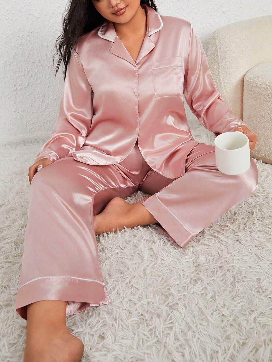 SHEIN 缎面撞色包边睡衣套装，上衣和裤子均采用缎面材质，秋冬舒适优雅，细节精致。 - 藕粉色 - 查看 1