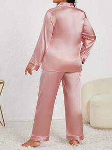 SHEIN 缎面撞色包边睡衣套装，上衣和裤子均采用缎面材质，秋冬舒适优雅，细节精致。 - 藕粉色 - 查看 2