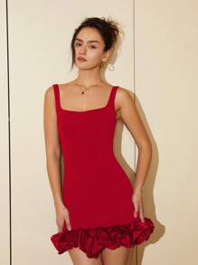 荷葉邊緊身連衣裙 - 紅色 - 查看 3