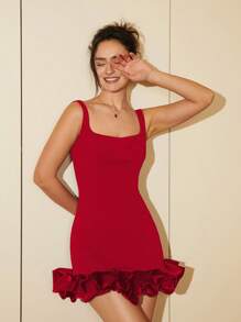 荷葉邊緊身連衣裙 - 紅色 - 查看 4