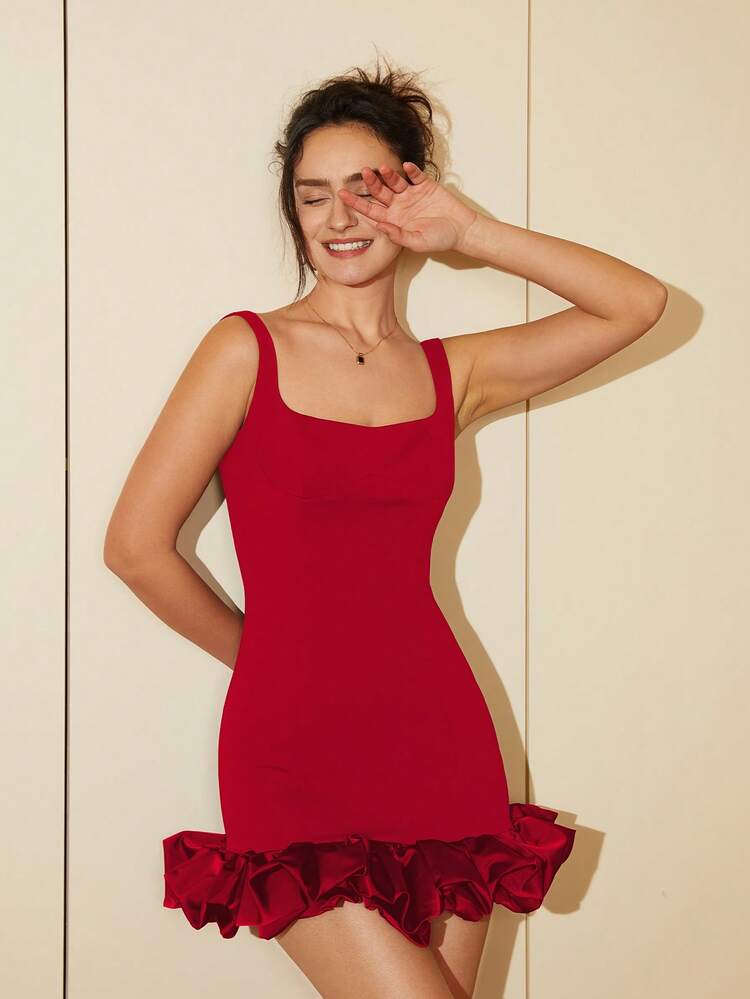 Vestido ajustado con volantes en el bajo, vestido corto con peplum floral, atuendos de verano para mujeres, para boda, graduación, baile de graduación, Eid - Rojo - Añade 4