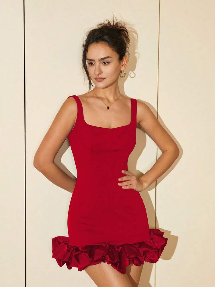 Vestido ajustado con volantes en el bajo, vestido corto con peplum floral, atuendos de verano para mujeres, para boda, graduación, baile de graduación, Eid - Rojo - Añade 7