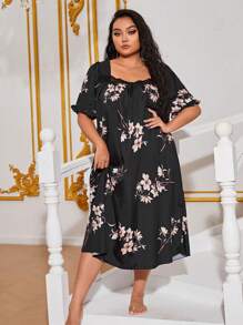 Plus Floral Print Contrast Lace Nightdress - Black - View 2