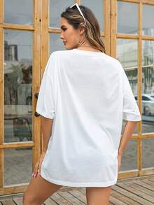 SHEIN EZwear 印花落肩T恤 - 白色 - 查看 2