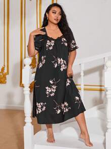 Plus Floral Print Contrast Lace Nightdress - Black - View 5
