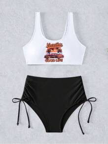 SHEIN Swim Bộ bikini dây rút in hình xe ô tô - Nhiều màu - Xem 1