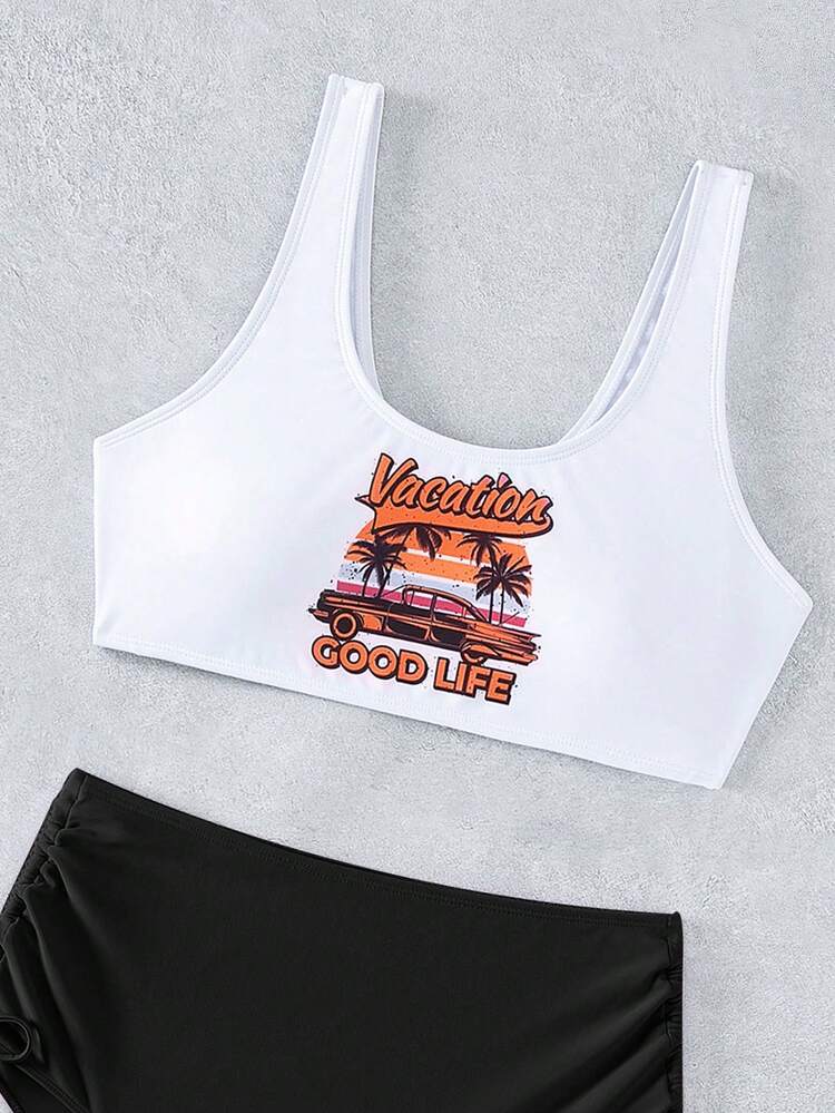 SHEIN Swim Bộ bikini dây rút in hình xe ô tô - Nhiều màu - Xem 3