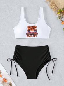 SHEIN Swim Bộ bikini dây rút in hình xe ô tô - Nhiều màu - Xem 5