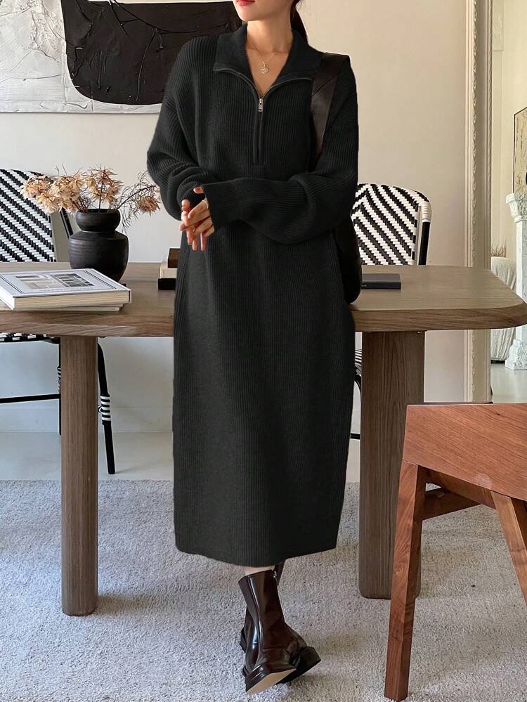 Quarter Zipper Drop Shoulder Sweater Dress,Fall Women Clothes