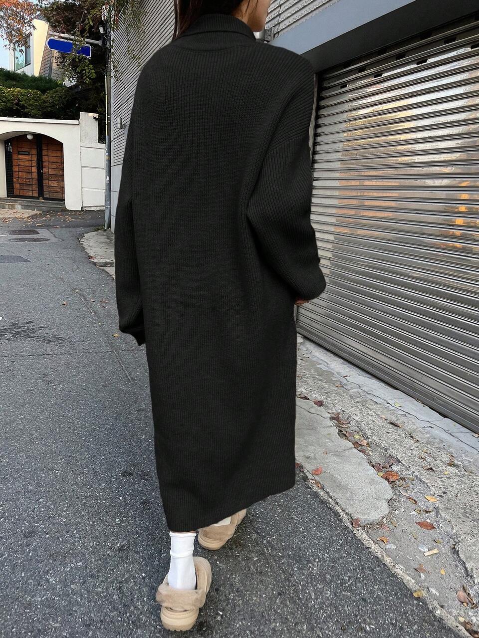 Quarter Zipper Drop Shoulder Sweater Dress,Fall Women Clothes