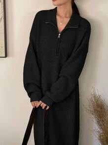 DAZY 四分之一拉链落肩毛衣裙，秋季女装 - 黑色 - 查看 3