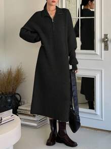 DAZY 四分之一拉链落肩毛衣裙，秋季女装 - 黑色 - 查看 4