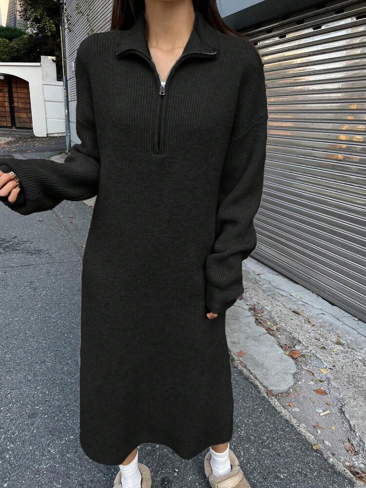 Quarter Zipper Drop Shoulder Sweater Dress,Fall Women Clothes