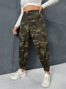 SHEIN ICON 大碼迷彩印花翻蓋口袋工裝牛仔褲 - 軍綠色 - 查看 1