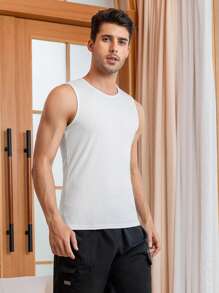 Nam Chất rắn Đồ đan Ribbed Áo vest ngủ - trắng - Xem 6