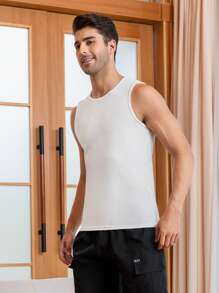 Nam Chất rắn Đồ đan Ribbed Áo vest ngủ - trắng - Xem 3