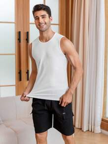 Nam Chất rắn Đồ đan Ribbed Áo vest ngủ - trắng - Xem 5