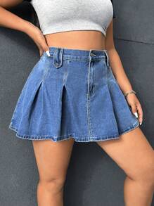 SHEIN EZwear Talla grande Falda en mezclilla de talle alto con fruncido - Azul lavado medio - Ver 4