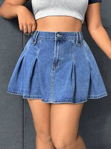 SHEIN EZwear Talla grande Falda en mezclilla de talle alto con fruncido - Azul lavado medio - Ver 1