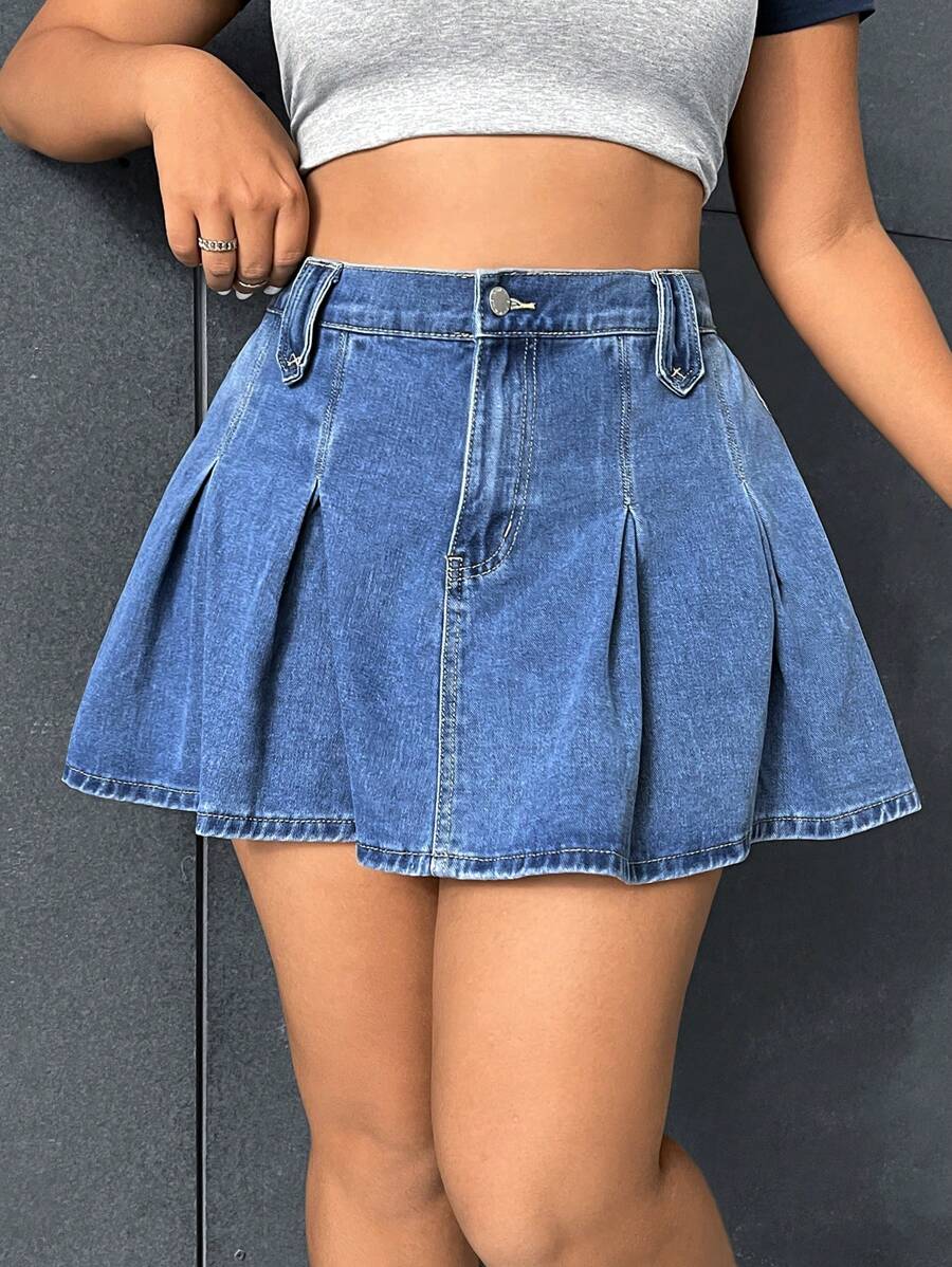 SHEIN EZwear Talla grande Falda en mezclilla de talle alto con fruncido - Azul lavado medio - Ver 1