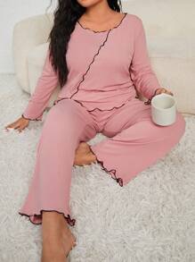 SHEIN 木耳邊 拼接細邊純色大碼睡衣套裝 - 淺粉色 - 查看 1