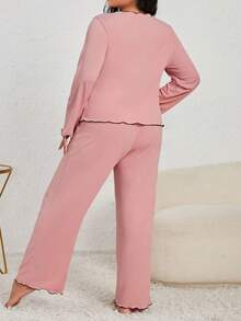 SHEIN 木耳邊 拼接細邊純色大碼睡衣套裝 - 淺粉色 - 查看 2