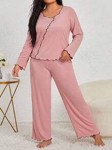 SHEIN 木耳邊 拼接細邊純色大碼睡衣套裝 - 淺粉色 - 查看 4