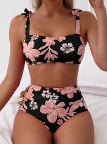 花卉印花綁肩比基尼套裝 - 彩色 - 查看 3