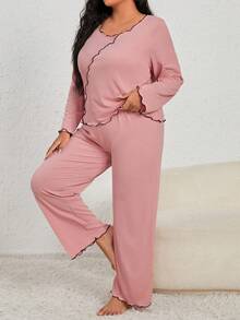 SHEIN 木耳邊 拼接細邊純色大碼睡衣套裝 - 淺粉色 - 查看 5