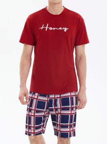 Men Letter Graphic Tee & Plaid Shorts PJ Set - Multicolor - View 1