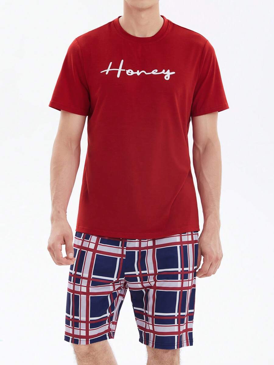 Men Letter Graphic Tee & Plaid Shorts PJ Set - Multicolor - View 1