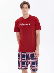 Men Letter Graphic Tee & Plaid Shorts PJ Set - Multicolor - View 3