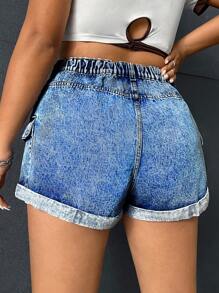 SHEIN EZwear Talla grande Shorts en mezclilla bajo de doblez - Azul lavado medio - Ver 2