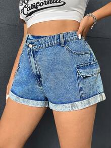 SHEIN EZwear Talla grande Shorts en mezclilla bajo de doblez - Azul lavado medio - Ver 3