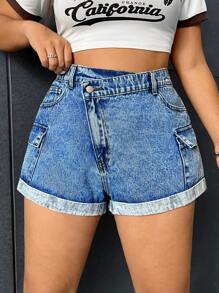 SHEIN EZwear Talla grande Shorts en mezclilla bajo de doblez - Azul lavado medio - Ver 1